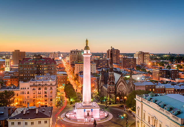 An aerial view of Baltimore's Mount Vernon neighborhood.