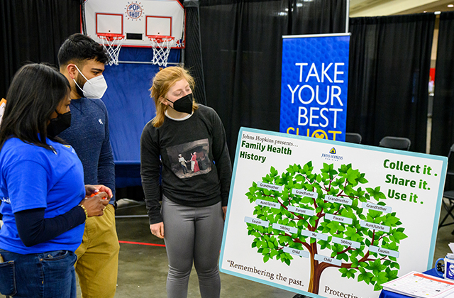 Members of the mobile vaccine team discuss the importance of family health history. 