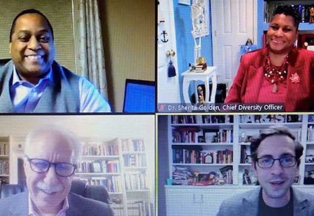 screenshot of four members of the panel video chat