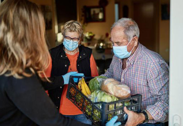 grandchild delivering groceries to her grandparents