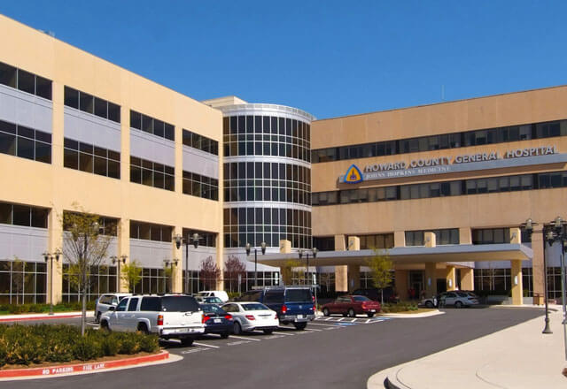 Howard County General Hospital exterior, front of building.