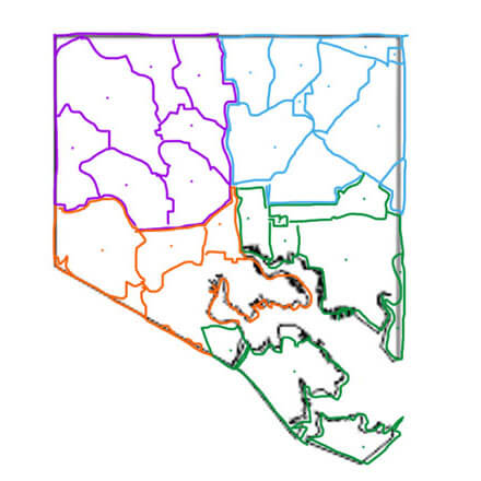 A map of Baltimore City separated into four separate areas with the upper left being quadrant one, upper right is quadrant two, lower right is quadrant three, and lower left is quadrant four