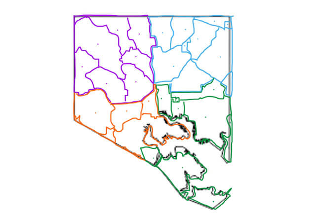 A map of Baltimore with areas outlined in four separate colors