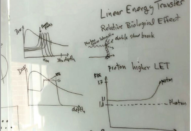 Scientific writing on a white board.