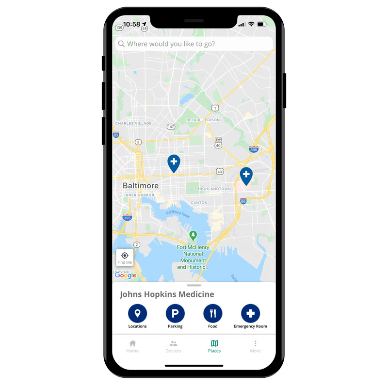 Screenshot of the johns Hopkins Find Your Way app in use