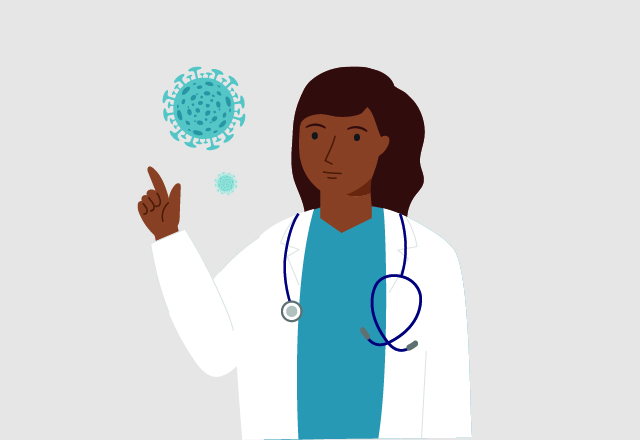 Graphic of doctor pointing to virus model.