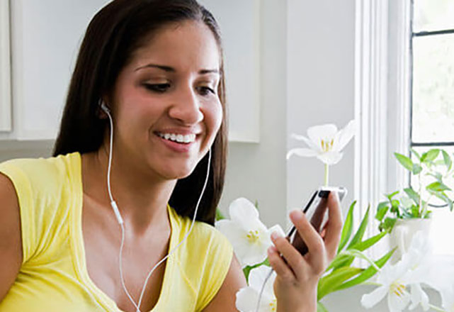 woman listening to audio