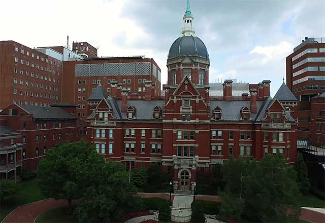 Outside view of the Johns Hopkins Hospital campus.