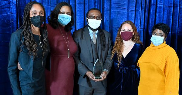 Camille Range, Talayah Jackson, Thomas Houston, Veronica Vela and Ebony McMorris pose with with the Ward Infinity pitch award.