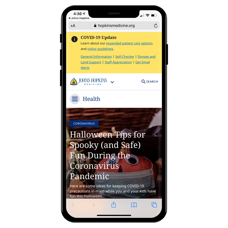 image of the home screen of the Johns Hopkins Health website