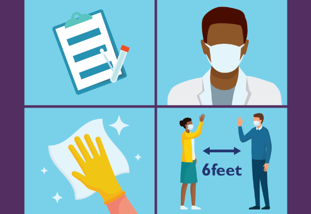 Illustrations demonstrating safety measures, such as a doctor wearing a mask, a gloved hand cleaning, and two people standing six feet apart.