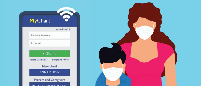 a graphic of a masked woman and child next to a phone with the mychart logo