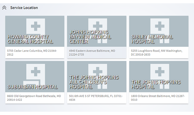 Selections displays showing the different Johns Hopkins locations.